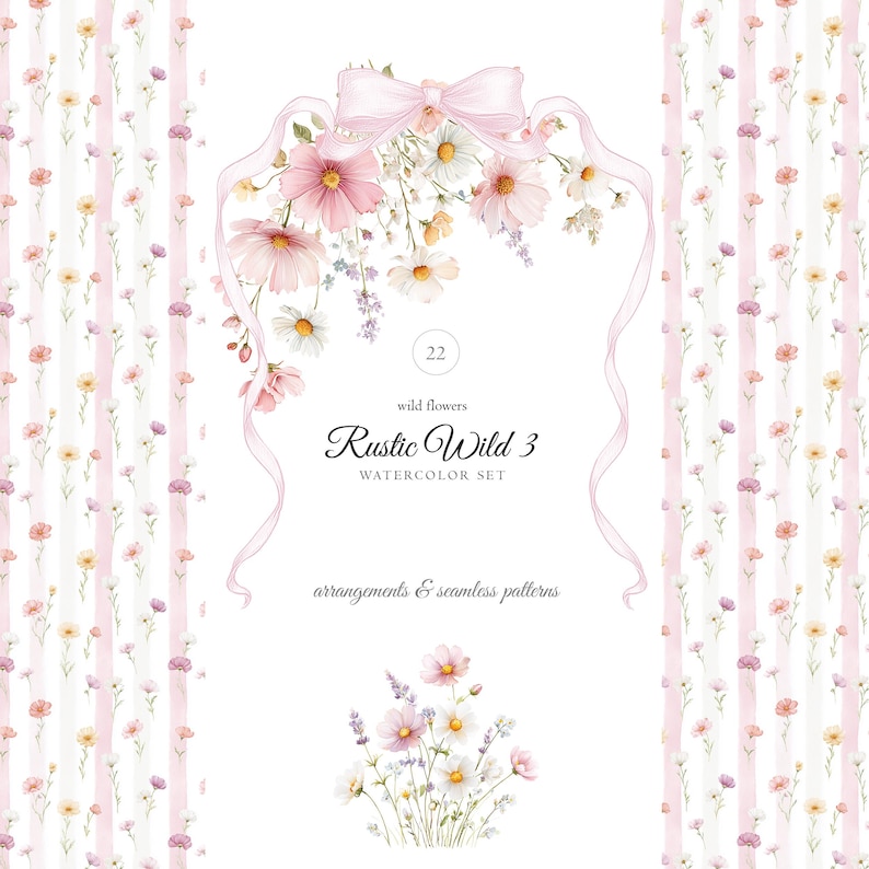 May include: Watercolor floral set featuring pink and white flowers, a pink bow, and ribbons. The text "Rustic Wild 3 Watercolor Set" is displayed, along with the words "arrangements & seamless patterns". The background has pink and white striped patterns.
