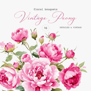Aquarelle bouquets de pivoines Clipart, bouquets de pivoines roses, pivoine vintage, clipart mariage, arrangements de pivoines roses Blush