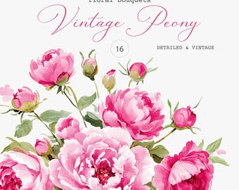 Watercolor Peony Bouquets Clipart: Vintage Pink Floral Arrangements (Digital Download)
