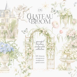 Puede incluir: Una colección digital de ilustraciones en acuarela titulada Chateau Bloom, que presenta un castillo francés, un querubín con arco, una puerta de jardín de hierro forjado, urnas de piedra con flores azules y blancas, una escalera floral y mariposas.