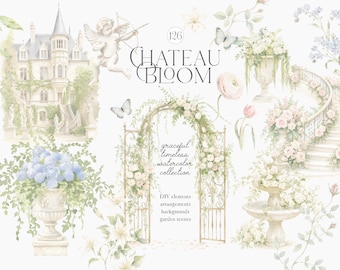 Chateau Watercolor Clipart Collection - European Cottage Wedding Garden