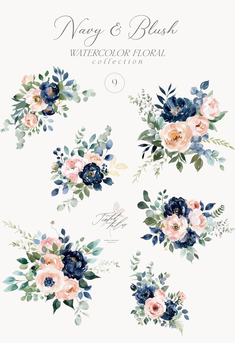 Watercolor Navy and Blush Floral Bouquets Clipart, Watercolor Blush ...