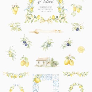 May include: Watercolor illustrations featuring lemons, olives, and a small house. The design includes frames, branches, and decorative elements with the text "Lemon & Olive WATERCOLOR MEDITERRANEAN COLLECTION".