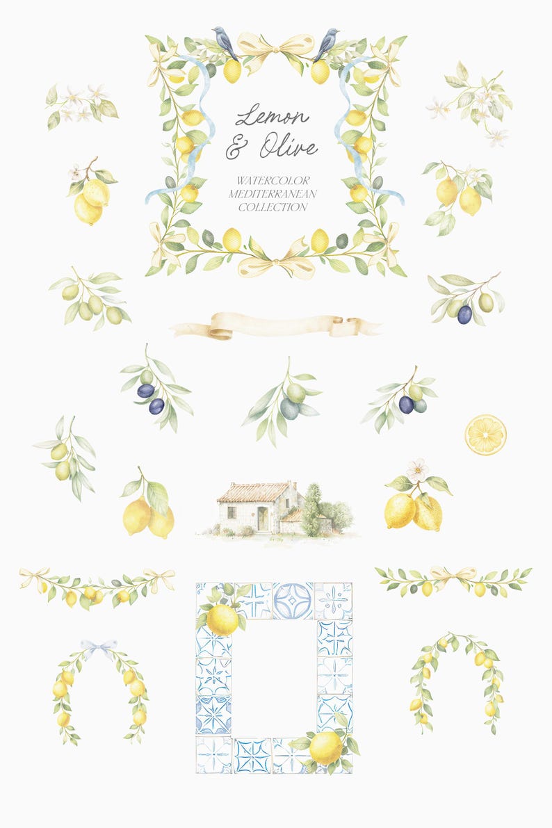 May include: Watercolor illustrations featuring lemons, olives, and a small house. The design includes frames, branches, and decorative elements with the text "Lemon & Olive WATERCOLOR MEDITERRANEAN COLLECTION".