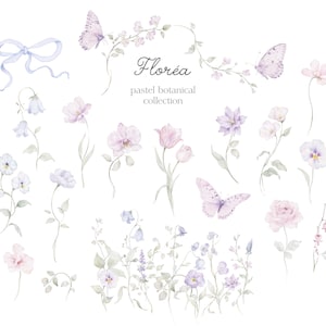 May include: Watercolor illustration of a pastel botanical collection. The image features various flowers, butterflies, and a bow in shades of pink, purple, and blue. Text reads "Flor&eacute;a pastel botanical collection."