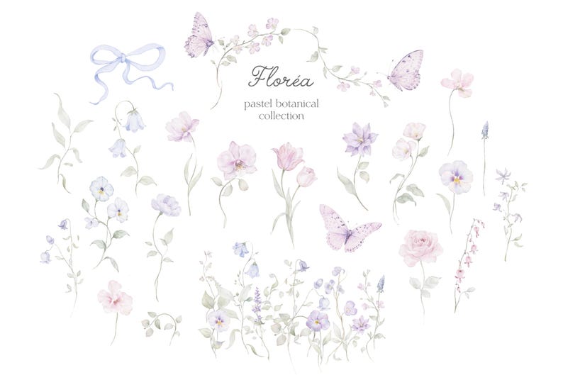 May include: Watercolor illustration of a pastel botanical collection. The image features various flowers, butterflies, and a bow in shades of pink, purple, and blue. Text reads "Flor&eacute;a pastel botanical collection."