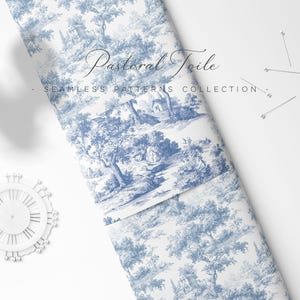 May include: Rolled fabric with a blue and white pastoral toile pattern. The fabric features a detailed landscape design with trees, buildings, and figures. The words "Pastoral Toile" and "Seamless Patterns Collection" are visible. Pins and a pinwheel are also present.