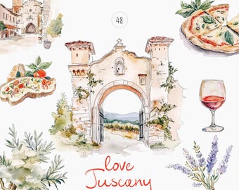 May include: Watercolor illustration of a Tuscan landscape with a stone archway, a glass of red wine, a pizza, a loaf of bread with toppings, and a bouquet of lavender. The text "love Tuscany watercolor travel collection" is written below the image.