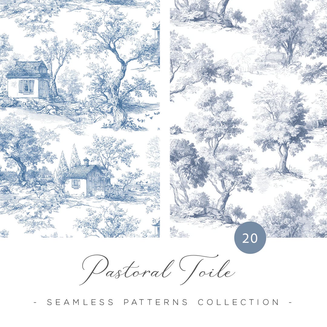 Ink Blue Toile De Jouy Seamless Patterns: French Vintage Floral (JPG ...