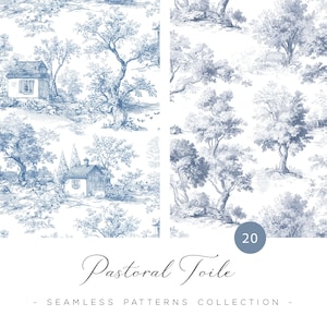 Puede incluir: Un diseño de patrón sin costuras en azul y blanco, con una escena pastoral de toile con árboles, casas y paisajes. El texto "Pastoral Toile" está en una escritura elegante, con las palabras "Seamless Patterns Collection" debajo.