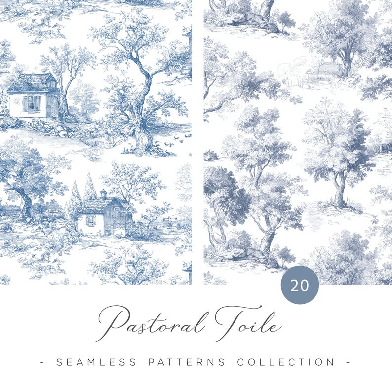 May include: A seamless pattern design in blue and white, featuring a pastoral toile scene with trees, houses, and landscapes. The text "Pastoral Toile" is displayed in elegant script, with the words "Seamless Patterns Collection" below.