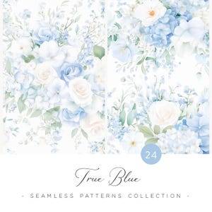 Motivi senza soluzione di continuità blu polvere, motivi floreali, carte digitali, rose e fiori di campo, fiori da matrimonio acquerellati, motivi floreali blu