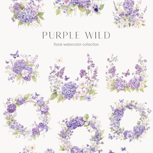 Watercolor Purple Floral Clipart: Lilac, Hydrangea (Digital Download) image 3