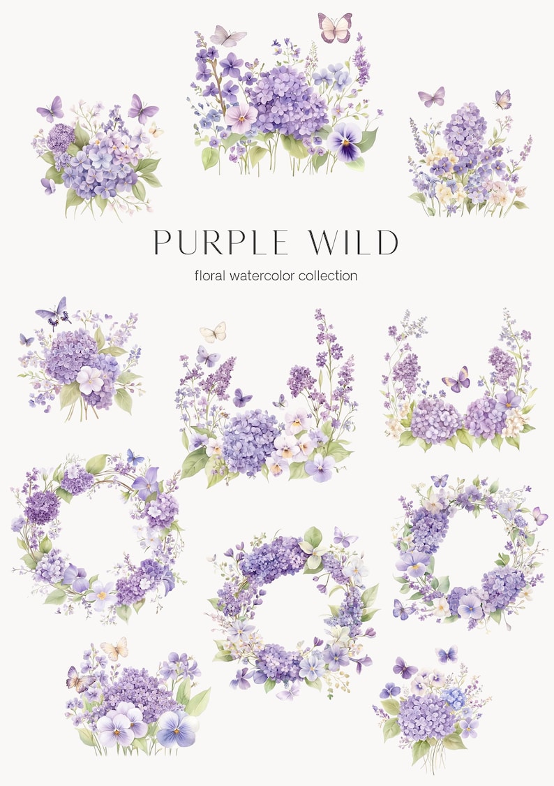 Watercolor Purple Floral Clipart: Lilac, Hydrangea (Digital Download) image 3