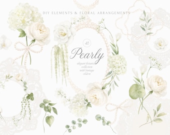Watercolor Vintage Floral Collection - Soft Blooms, Greenery and Pearls
