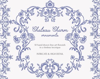 Watercolor Floral Line Art Clipart: Rococo Frames, Ornaments (PNG Download