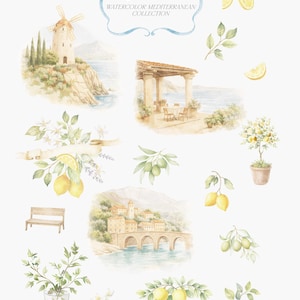 May include: Watercolor illustrations featuring lemons and olives, with a Mediterranean theme. Includes images of a windmill, coastal scenes, a lemon tree, and architectural elements. The text reads "Lemon & Olive Watercolor Mediterranean Collection."