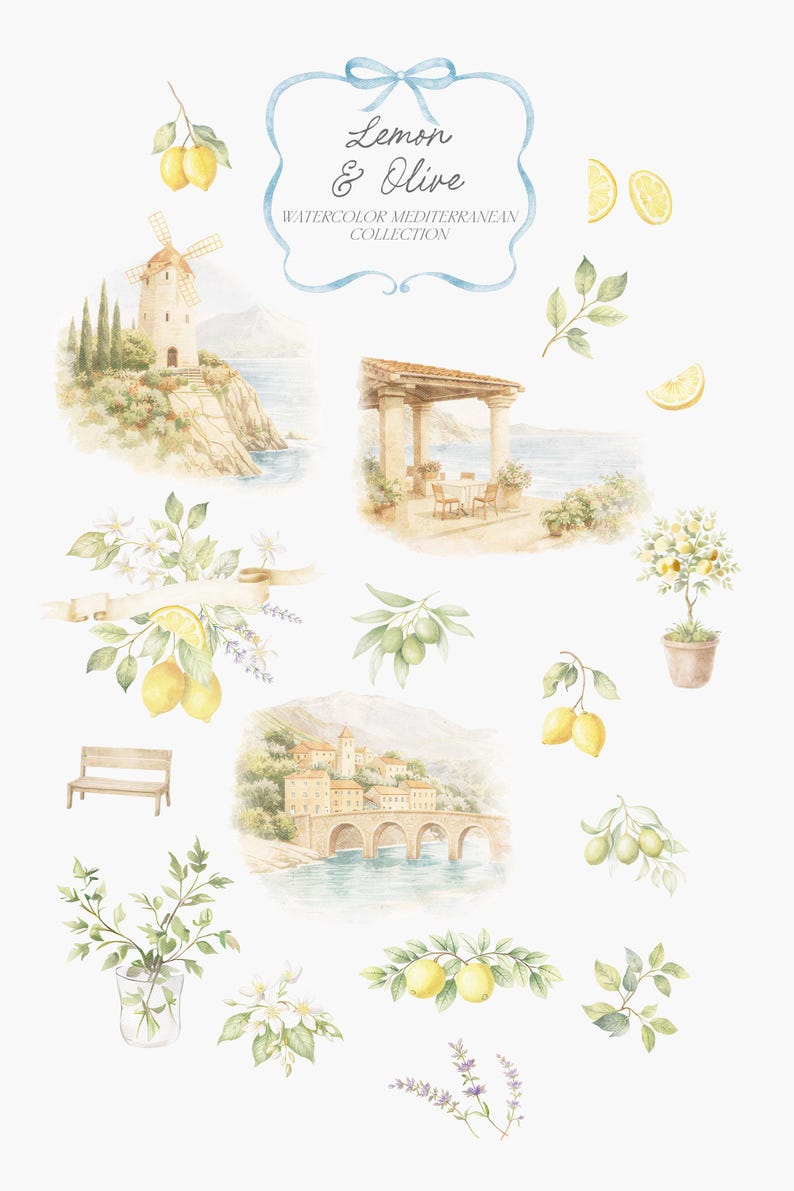 May include: Watercolor illustrations featuring lemons and olives, with a Mediterranean theme. Includes images of a windmill, coastal scenes, a lemon tree, and architectural elements. The text reads "Lemon & Olive Watercolor Mediterranean Collection."