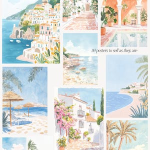May include: A collection of watercolor paintings depicting various scenes of coastal towns and villages. The paintings feature white buildings with terracotta roofs, palm trees, blue skies, and turquoise waters. Some paintings show beaches with umbrellas and lounge chairs, while others depict cobblestone streets and courtyards.