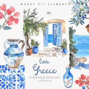 Clipart Grèce aquarelle, clipart voyage, paysages marins grecs aquarelle, olivier, amphore grecque, bougainvillier, coquillage, paysage de Santorin