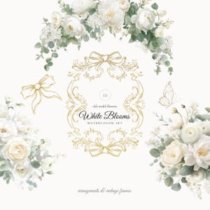 Aquarell Blumensammlung Clipart, Blumensträuße, weiße Rosen-Blumensträuße, Vintage Florals Clipart, Vintage goldene Motive, Vintage-Stil