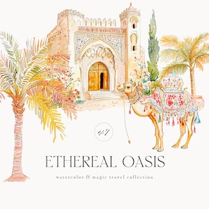 Clipart voyage aquarelle, clipart voyage aquarelle marocaine, clipart arabe aquarelle, chameau, paysage oasis, clipart voyage