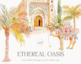 May include: Watercolor painting of a camel with a colorful saddle standing in front of a detailed, ornate building with a golden door. Palm trees are on either side of the building. The text "ETHEREAL OASIS watercolor & magic travel collection" is at the bottom of the image.