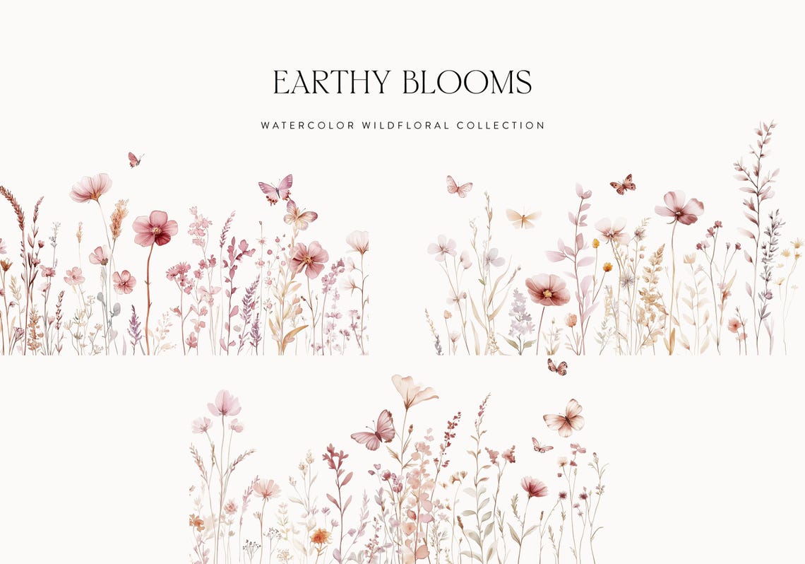 Watercolor Floral Borders: Earthy Wildflower Clipart (PNG, PDF) - Etsy