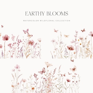 Puede incluir: Ilustraci&oacute;n de acuarela de una colecci&oacute;n de flores silvestres rosadas y marrones con mariposas. El texto "Earthy Blooms Watercolor Wildfloral Collection" est&aacute; en la parte superior de la imagen.