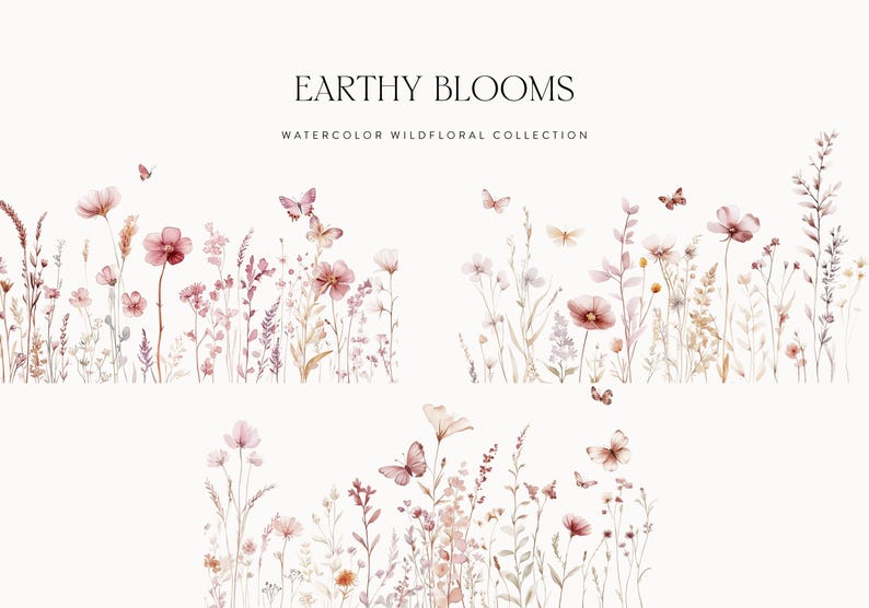 Puede incluir: Ilustraci&oacute;n de acuarela de una colecci&oacute;n de flores silvestres rosadas y marrones con mariposas. El texto "Earthy Blooms Watercolor Wildfloral Collection" est&aacute; en la parte superior de la imagen.