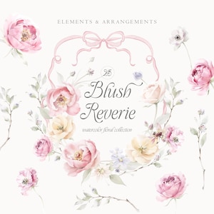 Puede incluir: Colección floral en acuarela titulada "Blush Reverie" con peonías rosas y amarillas, delicada vegetación y una cinta rosa claro. El diseño incluye elementos florales individuales y una disposición circular, con el texto "Elements & Arrangements".