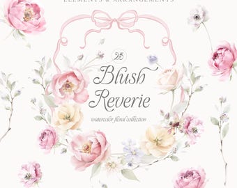 Watercolor Floral Clipart Collection: Blush Pink Peonies, Roses (25 PNGs, 300 DPI)