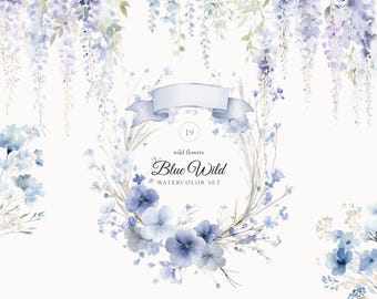 Blue Wildflower Watercolor Set: Floral Arrangements & Seamless Patterns (Digital Download)