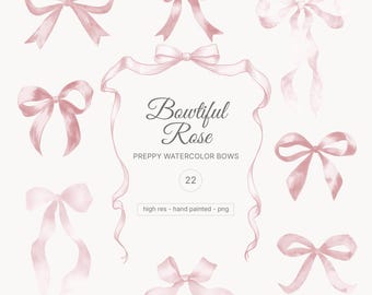 Watercolor Pink Ribbon Clipart: Coquette Bows, Seamless Patterns (Digital Download)