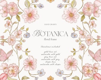 Hand Drawn Pastel Botanical Frame Set with Line Art - No AI