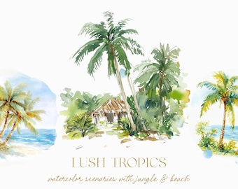 May include: Watercolor painting of a tropical jungle scene with palm trees, a small hut, and a beach. The painting is in shades of green, blue, and brown.