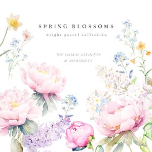 Clipart Floral Aquarela, Clipart de Flores da Primavera, Flores Silvestres, Peônia Blush, Lilás, Açafrão, Narciso, Miosótis, Clipart de Buquês Florais