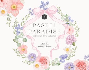 May include: A watercolor floral design with a pastel color palette. The design features a wreath of flowers, including pink roses, lavender, and white daffodils, surrounding the text "PASTEL PARADISE". A pink ribbon and the number "21" are also included.