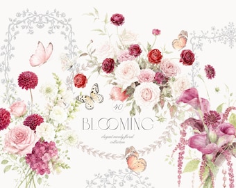 Watercolor Moody Floral Bouquets and Arrangements with Vintage Frames and Butterflies