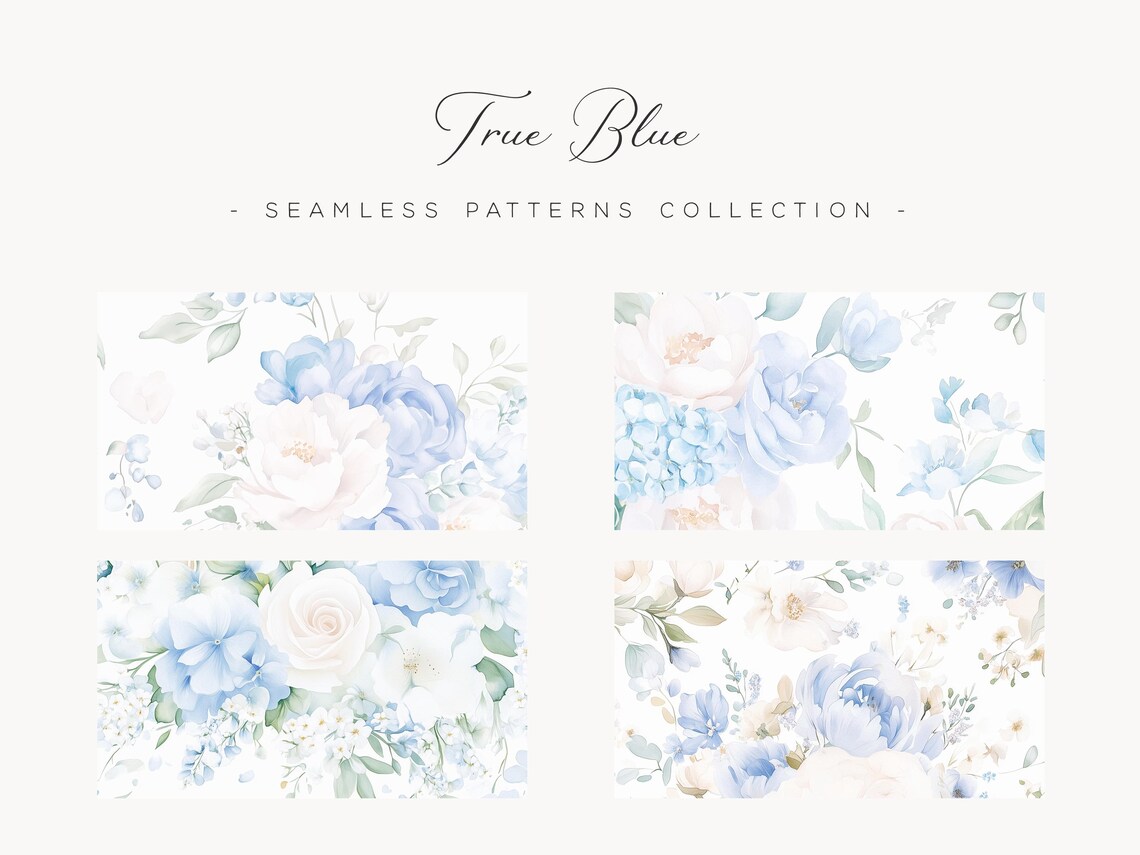 Dusty Blue Floral Seamless Patterns: Watercolor Roses (digital Download ...