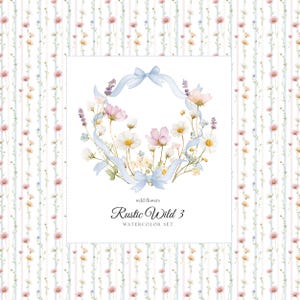 May include: Watercolor floral wreath with a light blue ribbon and the text "Rustic Wild 3 Watercolor Set". The background features a repeating pattern of vertical stripes and small flowers in pastel colors.