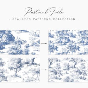 May include: Four blue and white seamless patterns with a pastoral toile design. The patterns feature detailed illustrations of trees, landscapes, and foliage. The text "Pastoral Toile - Seamless Patterns Collection" is at the top.