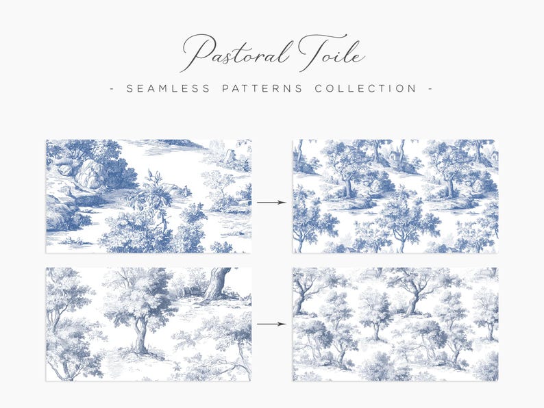 May include: Four blue and white seamless patterns with a pastoral toile design. The patterns feature detailed illustrations of trees, landscapes, and foliage. The text "Pastoral Toile - Seamless Patterns Collection" is at the top.
