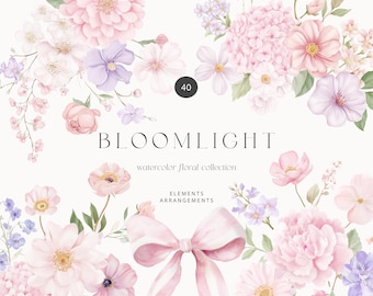 May include: Watercolor floral collection with a variety of flowers in shades of pink, purple, and white. The image includes a pink bow and the text "BLOOMLIGHT" and "watercolor floral collection".