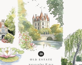 May include: Watercolor painting of an old estate with a castle, bridge, and pond. The painting is part of a collection of watercolor and pen scenarios.