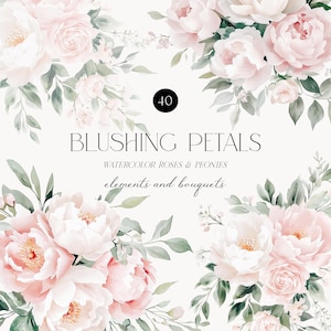Aquarelle de fard à joues et de fleurs blanches, bouquet de roses fard à joues et de pivoines, éléments floraux à faire soi-même, rose fard à joues, clipart bouquets de fleurs, clipart mariage