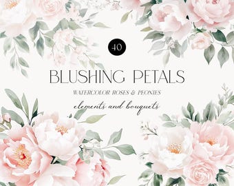 May include: A set of 40 watercolor illustrations of blush pink roses and peonies. The illustrations include individual flowers, buds, and bouquets. The text "Blushing Petals Watercolor Roses & Peonies elements and bouquets" is displayed on a white background.