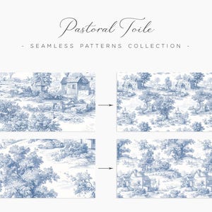 May include: A collection of seamless patterns with a pastoral toile design. The patterns feature detailed blue and white illustrations of rural landscapes with houses, trees, and figures. The text "Pastoral Toile" is at the top.