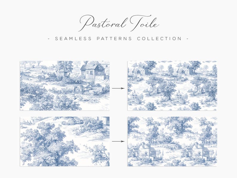 May include: A collection of seamless patterns with a pastoral toile design. The patterns feature detailed blue and white illustrations of rural landscapes with houses, trees, and figures. The text "Pastoral Toile" is at the top.