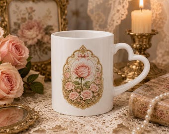Viktorianischer Rosenbecher mit Herzhenkel, romantische Kaffeetasse mit Blumenmuster, Vintage-Cottagecore-Becher, rosa Rosengeschenk für Sie, kokette Teetasse